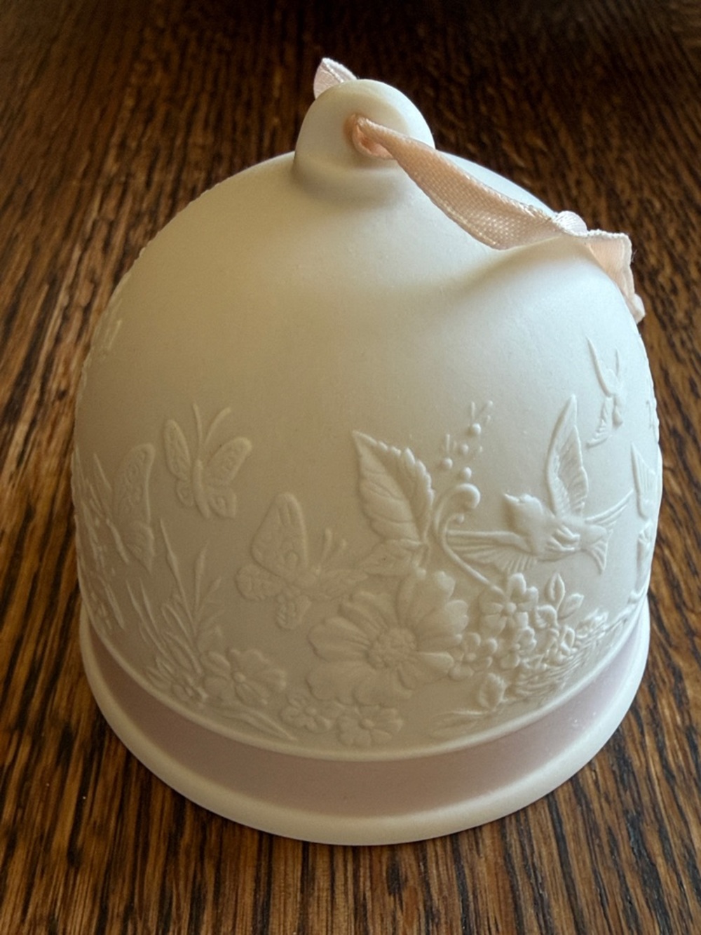 White Porcelain Lladro Spring  Embossed Collectible Bell Ornament Floral Birds